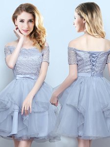Suitable Mini Length Grey Dama Dress for Quinceanera Off The Shoulder Short Sleeves Lace Up