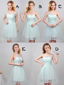 Custom Designed Off the Shoulder Apple Green Tulle Lace Up Court Dresses for Sweet 16 Sleeveless Mini Length Lace and Appliques and Belt