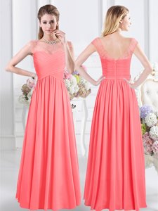 Scoop Floor Length Watermelon Red Quinceanera Dama Dress Chiffon Cap Sleeves Lace and Ruching