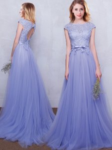 Scoop Cap Sleeves With Train Lace and Belt Backless Quinceanera Dama Dress with Lavender Brush Train