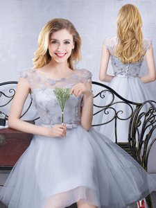 Decent Tulle Scoop Cap Sleeves Lace Up Lace and Appliques and Belt Dama Dress for Quinceanera in Grey