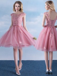 Fitting Tulle Scoop Cap Sleeves Lace Up Appliques and Belt Quinceanera Court Dresses in Pink