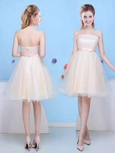 Spectacular Champagne A-line Strapless Sleeveless Tulle Knee Length Lace Up Bowknot Court Dresses for Sweet 16