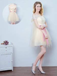 Off the Shoulder Champagne Short Sleeves Tulle Lace Up Court Dresses for Sweet 16 for Prom and Party and Wedding Party
