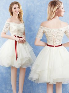 Adorable Off the Shoulder Short Sleeves Lace Up Mini Length Lace and Ruffles and Belt Court Dresses for Sweet 16