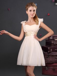 Straps Straps Chiffon Sleeveless Mini Length Dama Dress for Quinceanera and Ruching and Bowknot