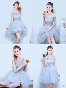 Grey Scoop Lace Up Lace and Ruffles and Ruffled Layers and Bowknot Damas Dress Sleeveless