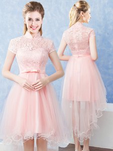 Discount Baby Pink Tulle Zipper High-neck Short Sleeves High Low Vestidos de Damas Lace and Belt