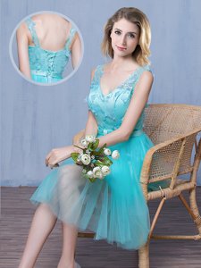 Artistic Aqua Blue Dama Dress for Quinceanera Prom and Party and For with Lace and Appliques and Bowknot V-neck Sleeveless Lace Up
