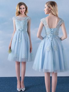 Delicate Light Blue Tulle Lace Up Scoop Cap Sleeves Knee Length Quinceanera Court of Honor Dress Appliques and Belt