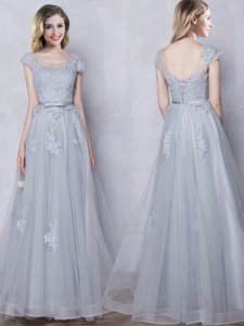 Scoop Floor Length Grey Quinceanera Court Dresses Tulle Cap Sleeves Lace and Appliques and Belt