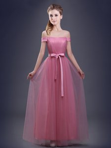 Off the Shoulder Floor Length Empire Sleeveless Pink Quinceanera Court of Honor Dress Lace Up