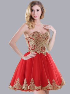 High End Red Sleeveless Mini Length Appliques Lace Up Dama Dress for Quinceanera