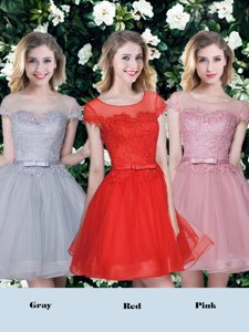 Fantastic Scoop Short Sleeves Damas Dress Mini Length Appliques and Belt Red and Pink and Grey Tulle