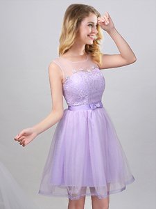 Decent Scoop Lavender A-line Lace and Appliques and Belt Dama Dress for Quinceanera Lace Up Tulle Sleeveless Mini Length