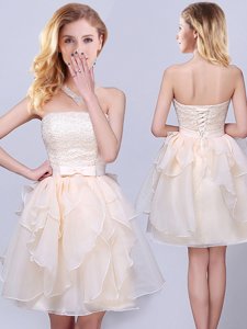 Clearance Champagne Lace Up Strapless Lace and Ruffles and Belt Quinceanera Court Dresses Organza Sleeveless