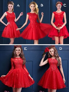 Scoop Red Sleeveless Lace and Appliques Mini Length Damas Dress