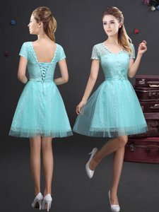 High Quality Tulle V-neck Short Sleeves Lace Up Lace and Appliques and Belt Quinceanera Dama Dress in Aqua Blue