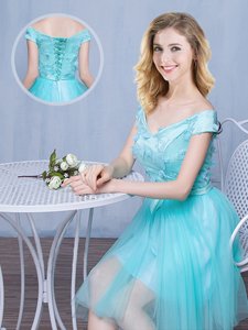Off The Shoulder Cap Sleeves Lace Up Quinceanera Dama Dress Aqua Blue Tulle