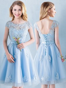 Scoop Light Blue Tulle Lace Up Court Dresses for Sweet 16 Short Sleeves Knee Length Appliques and Bowknot