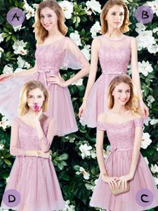 Pink Empire Tulle Sleeveless Appliques and Belt Mini Length Lace Up Dama Dress