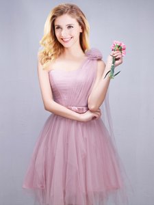 Hot Sale Tulle One Shoulder Sleeveless Lace Up Ruching and Bowknot and Hand Made Flower Vestidos de Damas in Pink