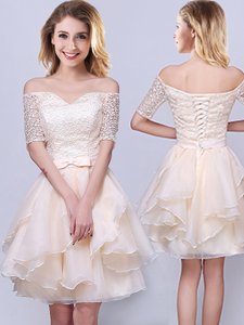 Champagne Off The Shoulder Neckline Lace and Ruffles and Belt Quinceanera Court Dresses Short Sleeves Lace Up