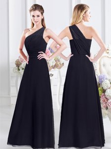 Sexy One Shoulder Sleeveless Floor Length Ruching Side Zipper Quinceanera Court Dresses with Navy Blue