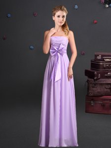 Enchanting Floor Length Zipper Quinceanera Dama Dress Lavender and In for Prom and Party and Wedding Party with Ruching and Bowknot