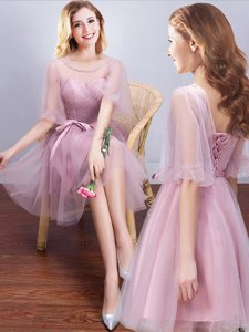 Scoop Pink Half Sleeves Ruching and Bowknot Mini Length Court Dresses for Sweet 16