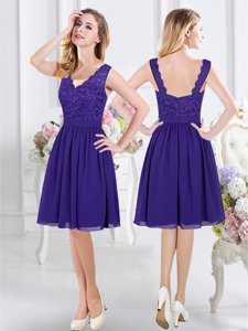 Colorful Purple Empire Scalloped Sleeveless Chiffon Knee Length Zipper Lace Quinceanera Court of Honor Dress