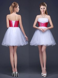 Mini Length Red Quinceanera Court of Honor Dress Organza Sleeveless Beading and Ruching and Belt
