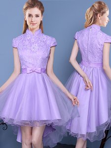 Lavender High-neck Neckline Lace and Bowknot and Belt Quinceanera Court Dresses Short Sleeves Zipper