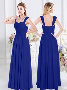 Sophisticated Royal Blue Chiffon Zipper Straps Sleeveless Floor Length Dama Dress for Quinceanera Ruching