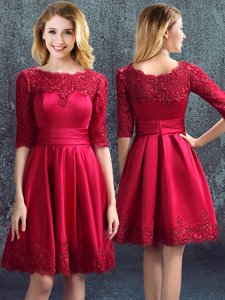 Great Bateau Half Sleeves Quinceanera Court Dresses Mini Length Lace Wine Red Satin