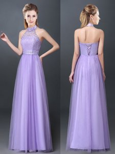 Halter Top Sleeveless Quinceanera Dama Dress Floor Length Lace and Appliques Lavender Tulle