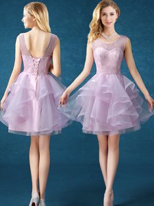 Deluxe A-line Damas Dress Lavender Scoop Organza and Tulle Sleeveless Knee Length Lace Up