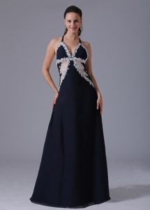 Navy Blue V-neck Floor Length Prom Evening Dress with Appliques