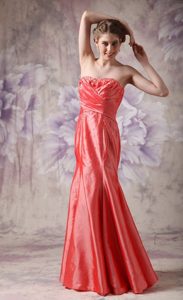 Coral Red Column Strapless Prom Evening Dress with Beading Ruches