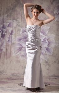 Beaded and Ruched Silver Prom Evening Dresses with Brush Train