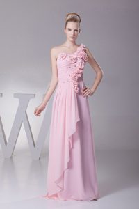 Flowery One Shoulder Pink Prom Evening Dress with Beading Ruches