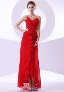 Appliqued Red Ankle Length Prom Gown Dress with Spaghetti Straps