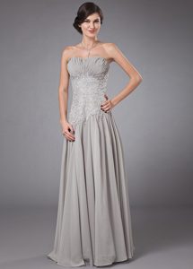 Embroidery and Ruches Accent Gray Chiffon Floor Length Prom Gowns