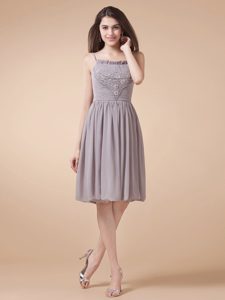Beaded and Ruched Gray Chiffon Prom Evening Dress with Straps