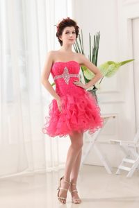 Beaded and Ruched Hot Pink Mini Prom Evening Dress with Ruffles