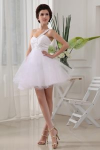 White One Shoulder Organza Prom Evening Dress with Beading and Ruches