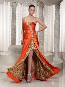 Orange Red One Shoulder Prom Gown Dress with Appliques Leopard Print