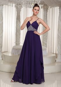 Beaded Dark Purple Floor Length Dress for Prom Princess with Straps