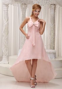 Light Pink High-low Ruched Chiffon Bowknot Prom Gown