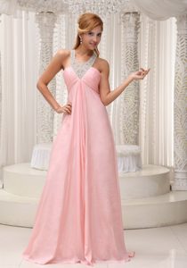 Beaded Scoop Neckline Bust Ruched Baby Pink Prom Dress